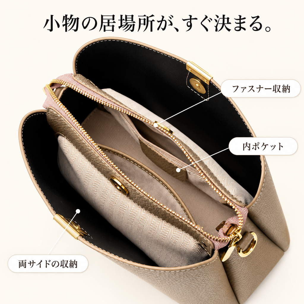 Candes 内側の収納構造｜ファスナー収納・内ポケット・両サイド収納